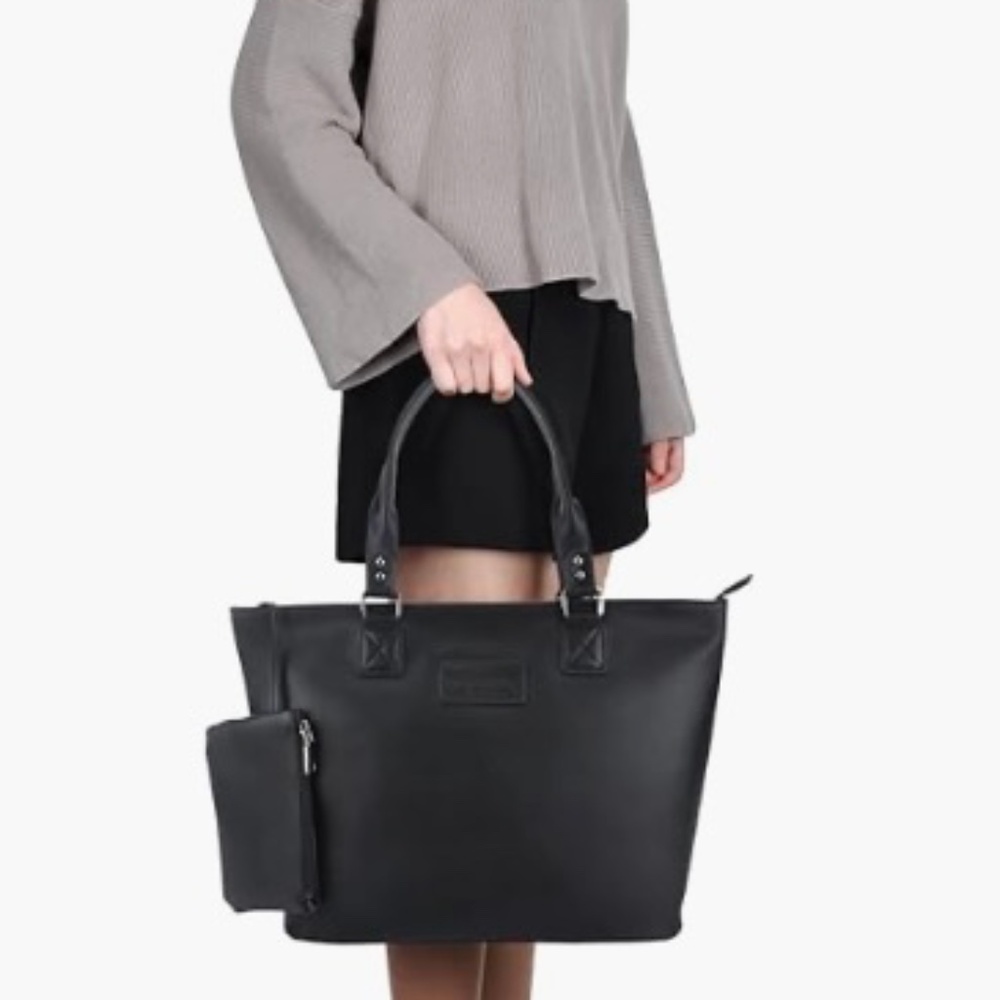 Large Black Leather Tote Satchel Carryall Handbag for Women, Purse, Bag